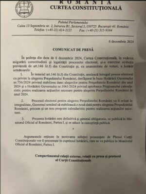 Decizie fără precedent! CCR a decis, în unanimitate, anularea primului tur al alegerilor prezidenţiale