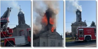 A! Incendiu devastator la o biserică din Argeș. Preotul preluat de SMURD
