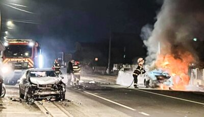Accident devastator! O mașină a fost mistuită de flăcări, iar două persoane au ajuns la spital!