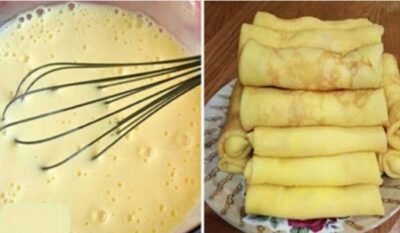 Clatite delicioase cu lapte. Ai nevoie de 4 oua, 400 ml lapte, 4 linguri ulei, faina…
