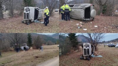 Accident rutier grav în urma unui autoturism răsturnat! Două persoane rănite, una în stare critică