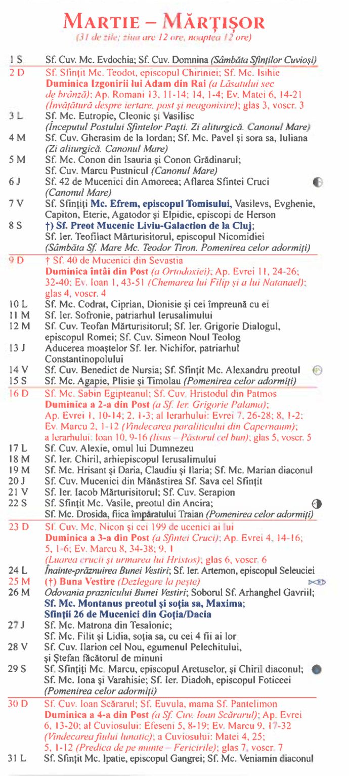 calendar ortodox martie 2025