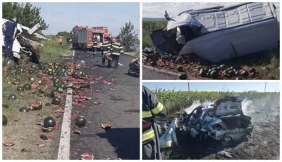 Înfiorător! Doi bărbați morți pe loc după impactul devastator dintre o dubă și o mașină pe DN54!