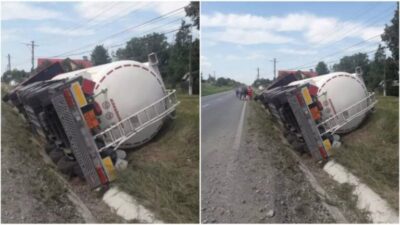 ALERTĂ MAXIMĂ în Suceava: Autocisternă cu 16 tone de motorină s-a răsturnat – Pompierii au intervenit pentru a evita o catastrofă!
