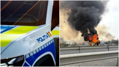 Accident grav pe A1 București – Pitești: o mașină a luat foc după ce s-a răsturnat. Traficul a fost restricționat