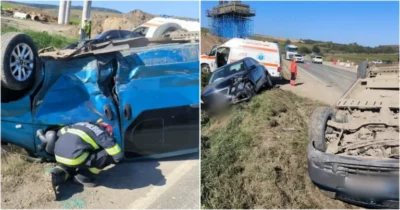 Impact violent! Microbuz răsturnat într-un accident cu un Mercedes! Trei persoane rănite!