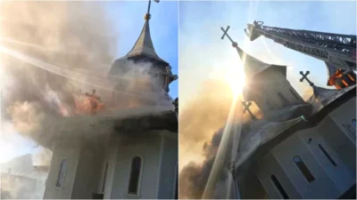 O biserică din Suceava, cuprinsă de flăcări. Pompierii încearcă să împiedice extinderea incendiului