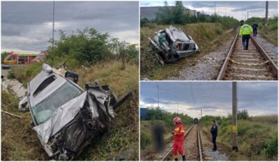 Mașină spulberată de tren în Suceava! Un bărbat se luptă pentru viață, prins între fiarele contorsionate.