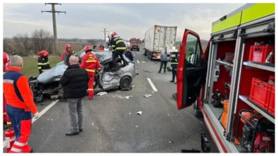 Accident înfiorător! Impact violent între un TIR și o mașină, bărbat încarcerat! A fost solicitat elicopterul SMURD!