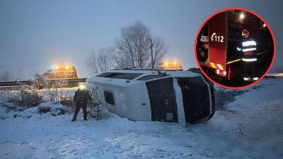 Clipe de groază pentru mai mulți mineri în drum spre muncă. Microbuzul în care se aflau s-a răsturnat din cauza zăpezii