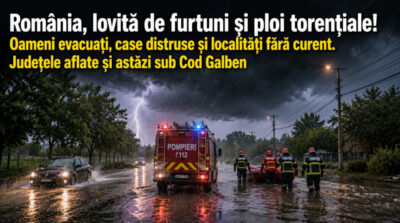 Romania, lovita de furtuni si ploi torentiale! Oameni evacuati, case distruse si localitati fara curent. Judetele aflate si astazi sub Cod Galben