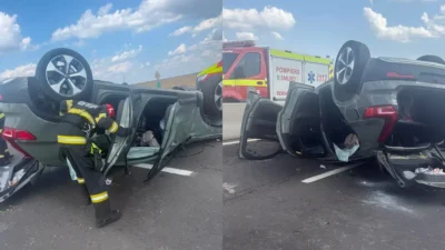 Accident rutier pe DN5, în Giurgiu! Trei persoane au avut nevoie de îngrijiri medicale, după ce o mașină a ajuns în afara părții carosabile