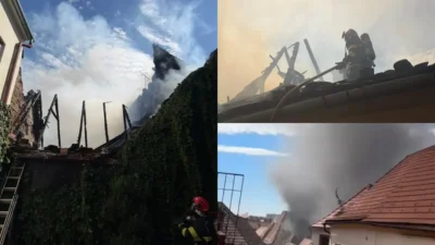 Incendiu puternic în Sibiu! Trei clădiri din centrul orașului au fost cuprinse de flăcări
