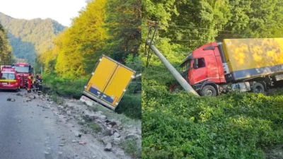 Accident rutier pe Valea Oltului! Un autocamion a ajuns în afara părții carosabile