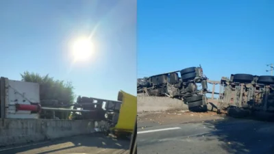 Accident rutier pe DN 1 Ploiești-Brașov! Un autocamion s-a răsturnat după ce unul dintre cauciucuri a explodat