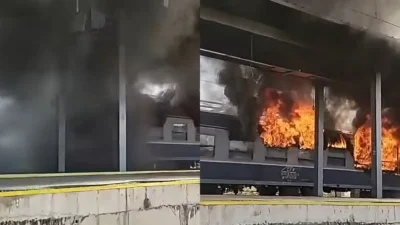 Incendiu în gara Ilteu din județul Arad! Un vagon al unui tren de călători a fost cuprins de flăcări