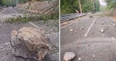 Trafic oprit pe DN 67D, între Valea Cernei și Băile Herculane. Pietre și arbori au căzut pe carosabil