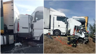 Imagini șocante de la tragedia de pe DN6! Două femei au murit într-un microbuz strivit de două TIR-uri. Cum s-a petrecut accidentul devastator