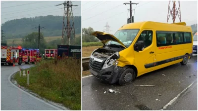 Microbuz şcolar, implicat într-un accident rutier în Sălaj. 8 copii și 3 adulți, evaluaţi medical la fața locului