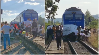 Trei adulți și un minor de 12 ani au murit loviți de tren, în Galați. Autoutilitara în care se aflau a fost distrusă complet