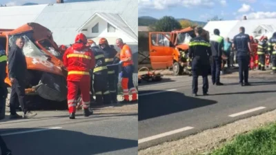 Accident în Oșlobeni, județul Neamț. Două persoane au ajuns la spital după impactul dintre două autoutilitare