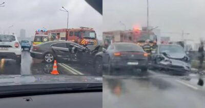 Impact violent între trei autoturisme și un autobuz STB pe Podul Pipera! Trei persoane au ajuns la spital