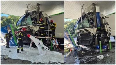 Accident într-o benzinărie, pe Valea Oltului. Un camion a lovit o pompă, traficul a fost oprit