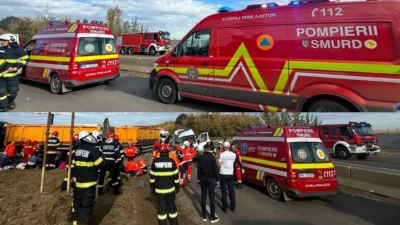 Două persoane au murit și 18 au fost transportate la spital, după impactul dintre un microbuz și o autobasculantă. Accident grav în Buftea