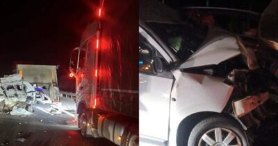 Impact violent între două TIR-uri, un microbuz și o mașină, pe A1! Bucăți din vehicule au ajuns pe șosea